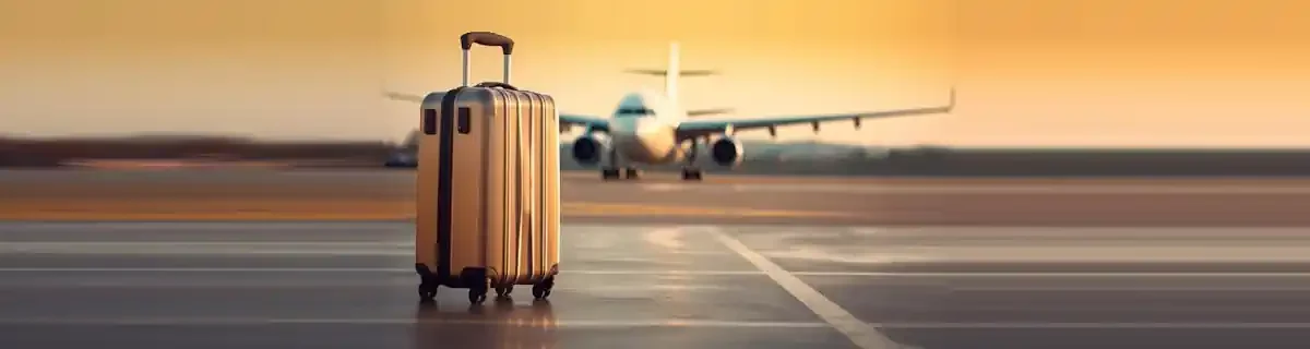 illustration droit des étrangers - un aéroport, un bagage posé sur la piste avec un avion en arriere plan